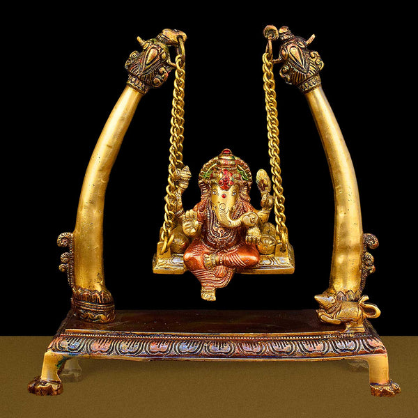 10.2 Inch Brass Ganpati Idol On Swing Jhula | Lord Ganesha Idol
