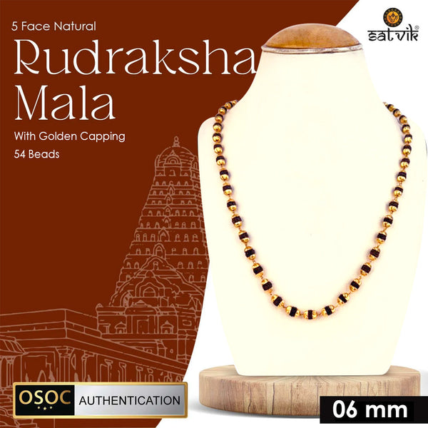 100% Original & Certified 5 Mukhi Face Natural Rudraksha Mala with golden Capping