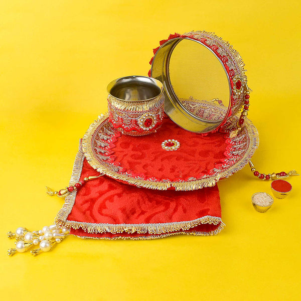 11 Pc Elegant Red Embroidery Karwa Chauth Thali Set