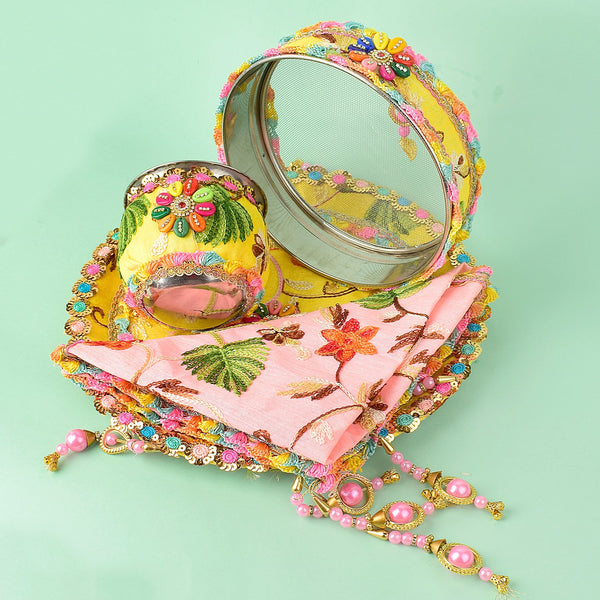 11 Pc Elegant Yellow & Pink Embroidery Karwa Chauth Thali Set