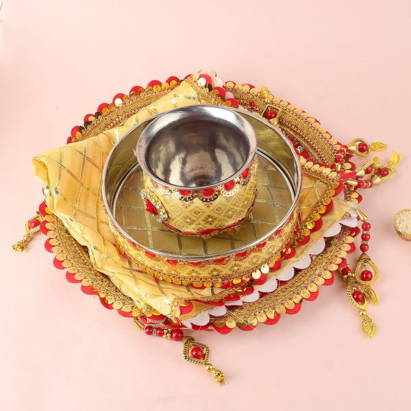 11 Pc Golden & Red Embroidery Karwa Chauth Thali Set