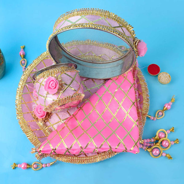 11 Pc Light Pink Embroidery Karwa Chauth Thali Set
