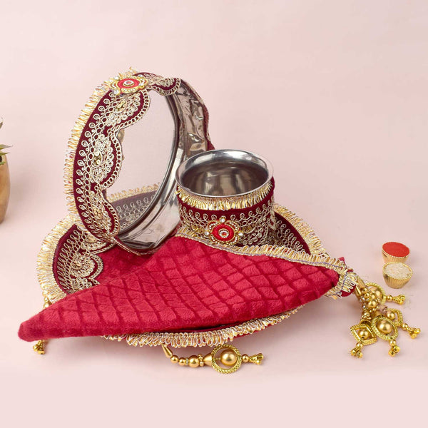11 Pc Maroon Embroidery Karwa Chauth Thali Set