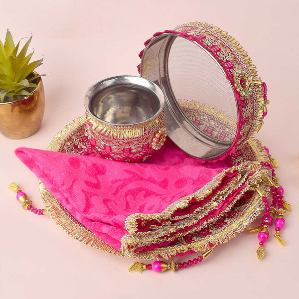 11 Pc Pink Embroidery Karwa Chauth Thali Set