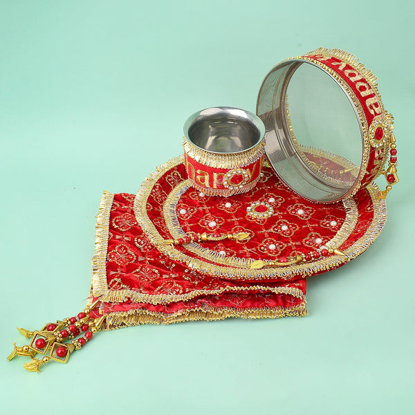 11 Pc Red Embroidery Karwa Chauth Thali Set