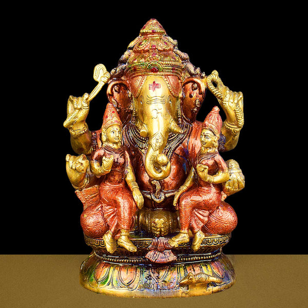 12.8 Inch Lord Ganesha Brass Statue with Riddhi Siddhi