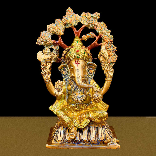 14.2 Inch Lord Ganesha Sitting Under Tree Brass Murti