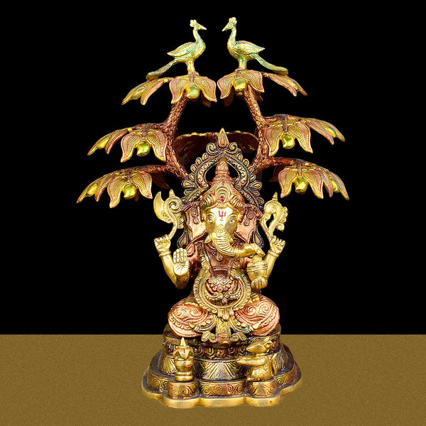 16.5 Inch Lord Ganesha with Peacock Tree Brass Idol / Ganesh Statue