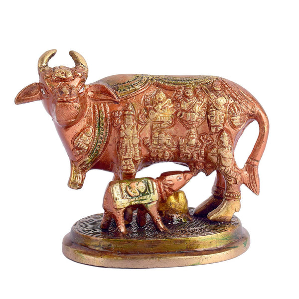 3.9 Inch Kamdhenu Cow with Calf Pure Brass Idol