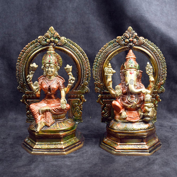 9.4 Inch Majestic Brass Lakshmi Ganesha Idol