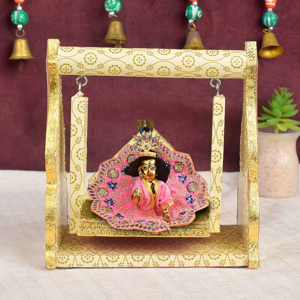 Printed Design Jhula – White & Gold Wooden Swing for Laddu Gopal