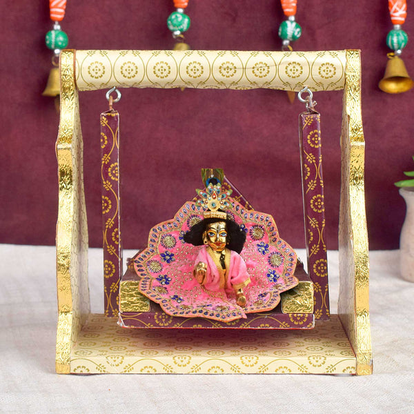 Printed Design Jhula – White & Brown Paper Cradle Swing for Laddu Gopal