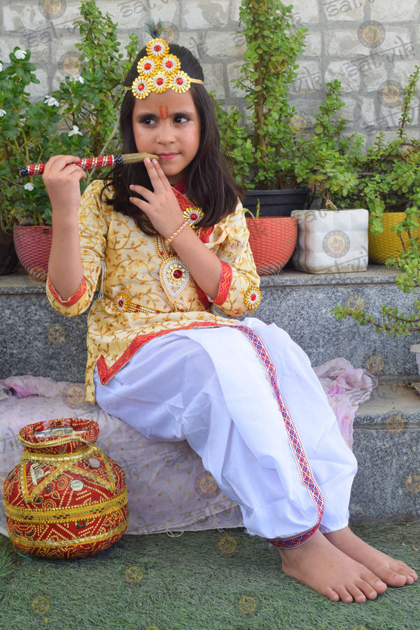 Cream Krishna Dress – Embroidered Dhoti Kurta with Red Border