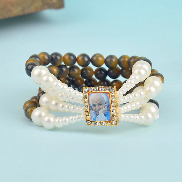 Black & Yellow with White Pearl Four Layer Guruji Swaroop Bracelet