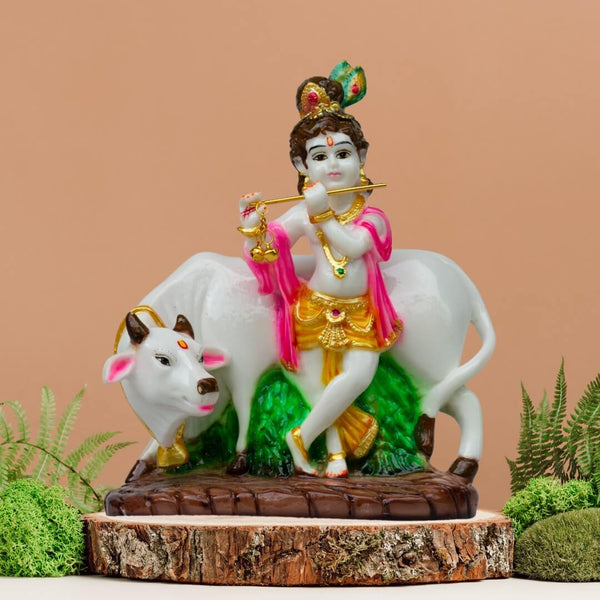COW KRISHNA IDOL IN MARBLE DUST, POLY RESIN- 22 CM HEIGHT