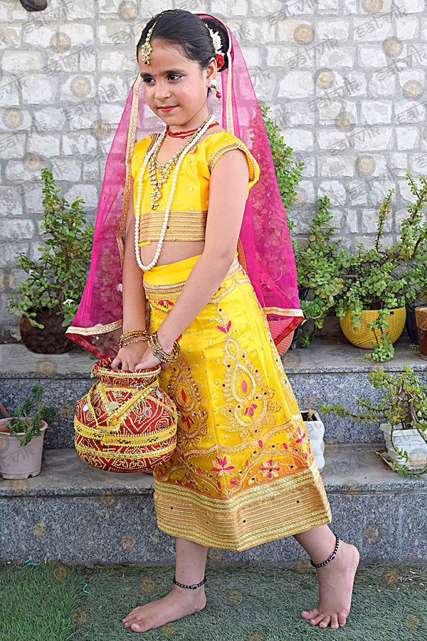 Yellow Radha Dress – Satin & Net Lehenga with Embroidery