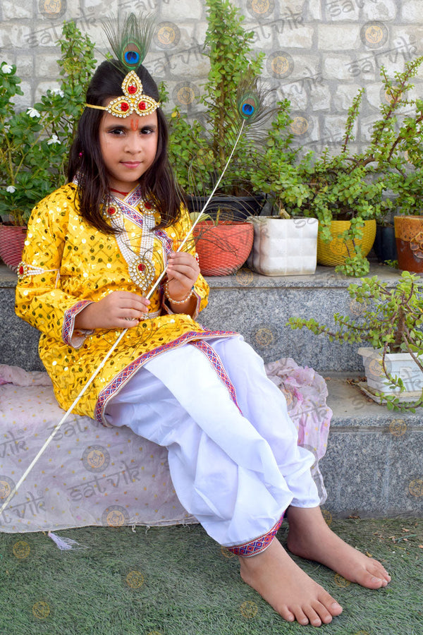 Yellow Krishna Dress – Sequin Embellished Outfit with Silver Border