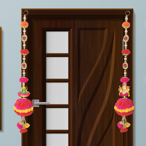 Colorful Pom Pom Wall Hanging with Ganesha & Lakshmi – Pair Decor
