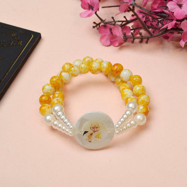 Crystal Yellow Beads Double Layer & White Pearl Bracelet with Jai Guruji Swaroop