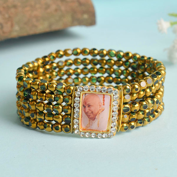 Five Layered Green & Golden Beads Guruji Swaroop Bracelet