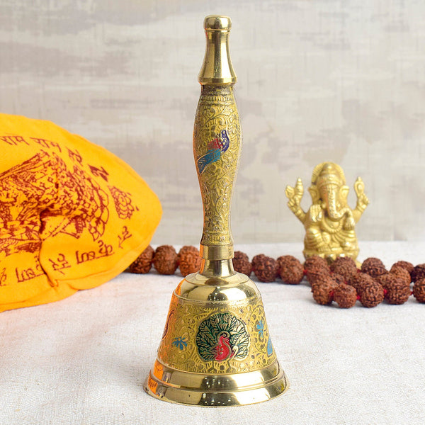 7 Inch Handcrafted Meenakari Brass Puja Bell (yellow)