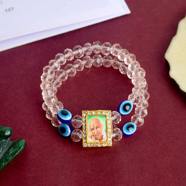 Jai Guruji Swaroop Bracelet – Pink Beads with Evil Eye Charm