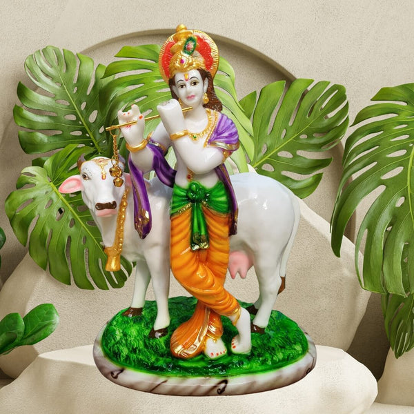 KRISHNA STATUE WITH COW IN MARBLE DUST, POLY RESIN- 28 CM HEIGHT