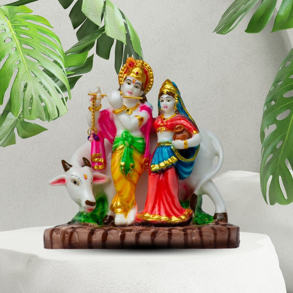 RADHA KRISHNA IDOL WITH COW IN MARBLE DUST, POLY RESIN- 14 CM HEIGHT