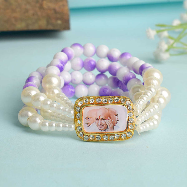 White & Lilac with White Pearl Four Layer Guruji Swaroop Bracelet