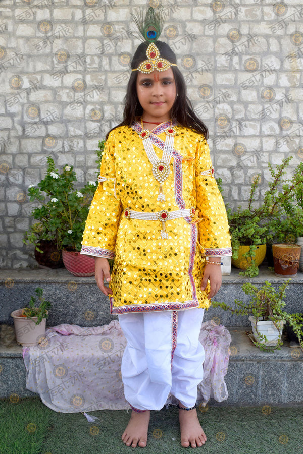 Yellow Krishna Dress – Sequin Embellished Outfit with Silver Border