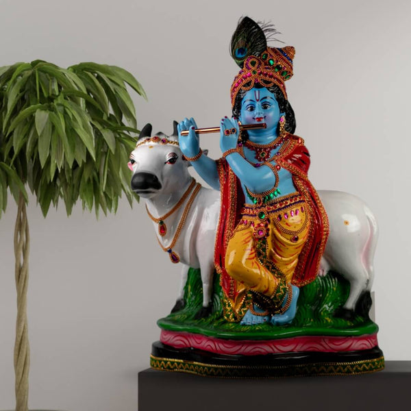 KRISHNA IDOL WITH COW IN FIBRE-60 CM HEIGHT