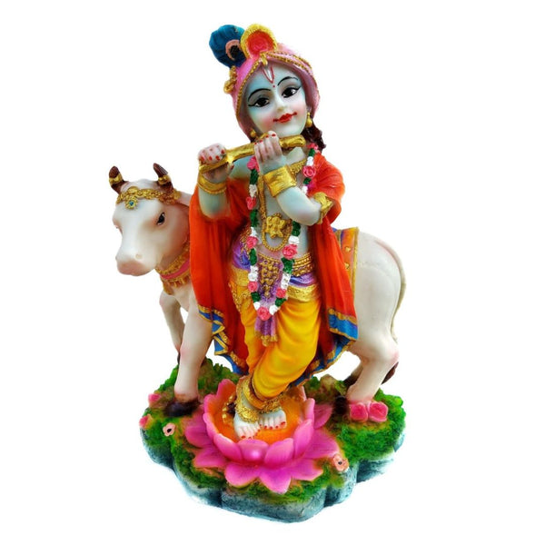 KRISHNA MURTI WITH COW IN POLYMARBLE, 9 INCHES HEIGHT