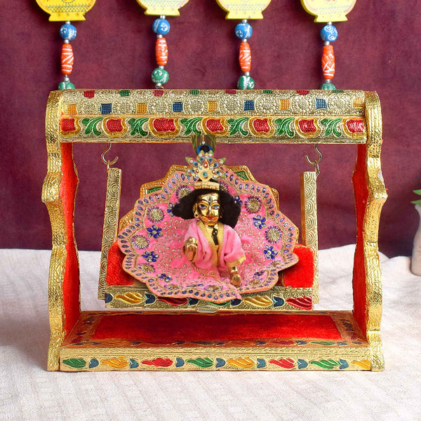 Ornate Meenakari Jhula – Singhasan Style Velvet Cradle for Laddu Gopal