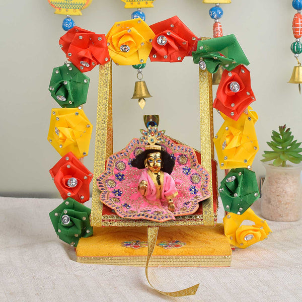 Royal Wooden Velvet Jhula – Floral Gota Swing for Laddu Gopal