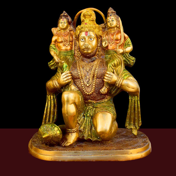 11.4 Inch Hanuman with Ram Laxman on Shoulder Brass Idol