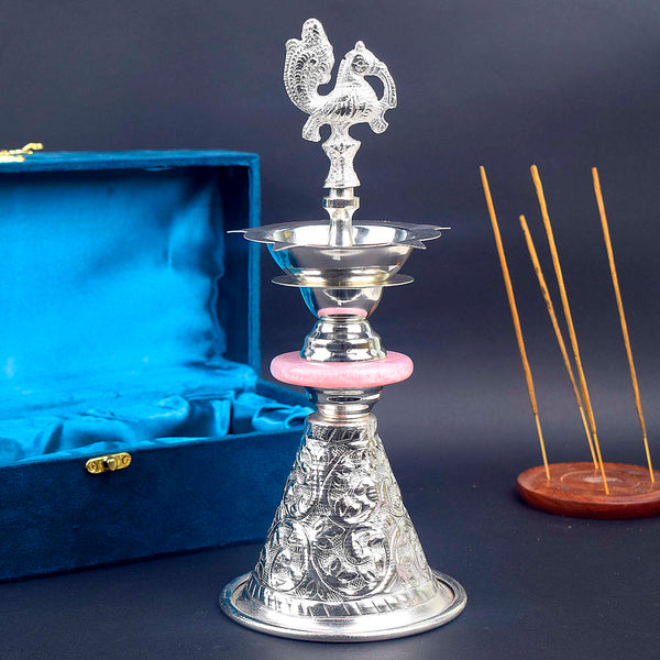 11.5 Inch One Step Peacock Silver Kerala Diya