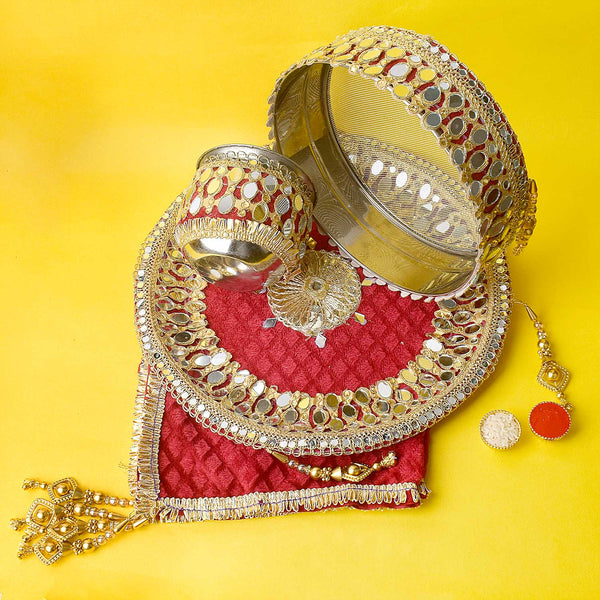 11 Pc Maroon Embroidery (Mirror Work) Karwa Chauth Thali Set