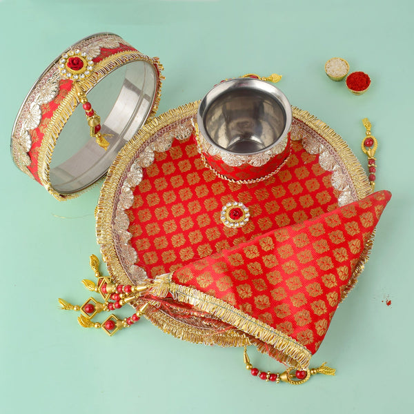 11 Pc Stunning Red Embroidery Karwa Chauth Thali Set