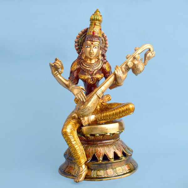 12 Inch Saraswati Mata Brass Idol / Goddess Saraswati