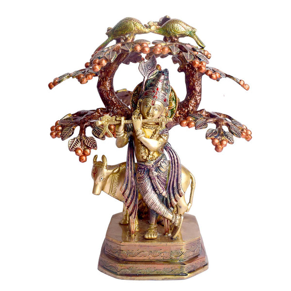 13.4 Inch Pure Brass Krishna with Cow Under Tree Statue