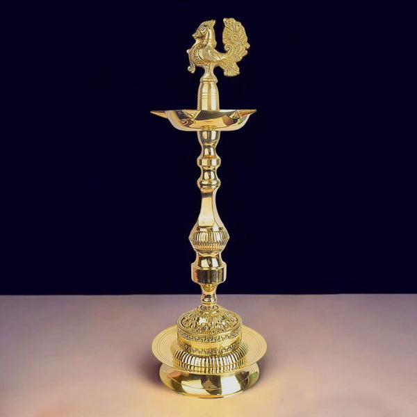 21 Inch Brass Embossed Peacock Kerala Stand 1 Step Diya
