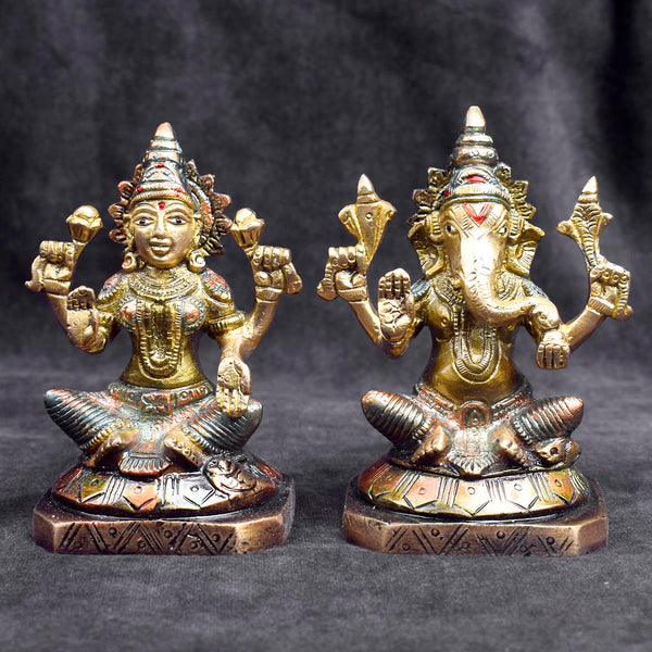 5.1 Inch Antique Finish Lakshmi Ganesh Idol in Brass