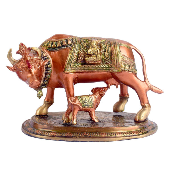 6.7 Inch Kamdhenu Cow with Calf Antique Brass Idol