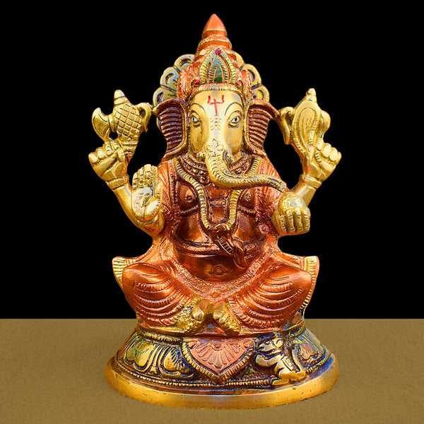 7.5 Inch Chaturbhuj Ganesha Pure Brass Idol