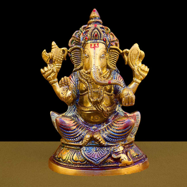 7.5 Inch Sitting Lord Ganesha Pure Brass Idol