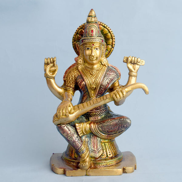 8.7 Inch Divine Brass Saraswati Maa Idol | Goddess Statue