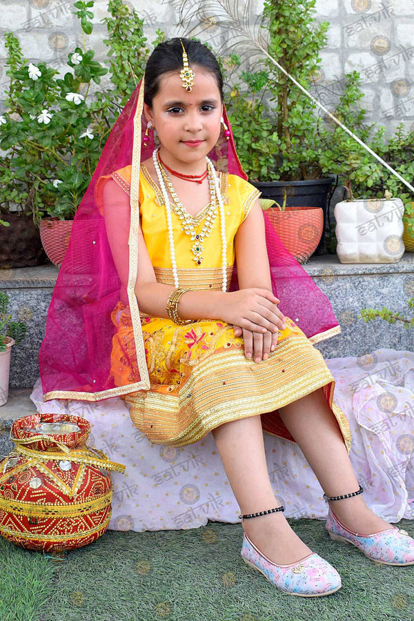 Yellow Radha Dress – Satin & Net Lehenga with Embroidery