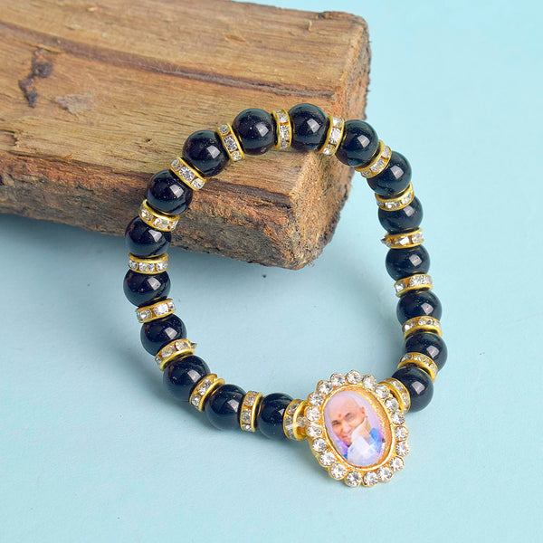 Black Shiny Beads with Golden Studs Single Layer Guruji Swaroop Bracelet