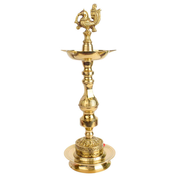 14 Inch Embossed Peacock Kerala Stand – 1 Step Brass Deepam