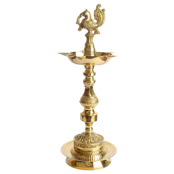 13 Inch Brass 1 Step Embossed Peacock Kerala Stand Diya